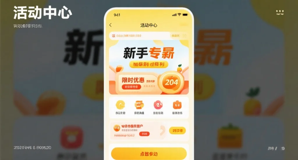 明亮的活动中心界面，展示新手专属福利和限时优惠，吸引用户点击参与