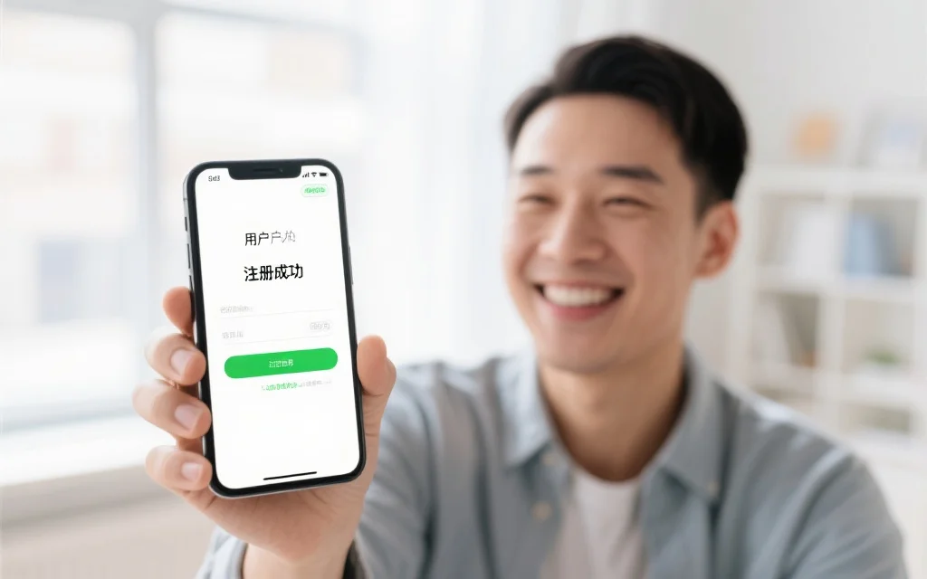一位用户开心地在手机上完成注册，手机屏幕显示“注册成功”，背景为明亮的室内环境