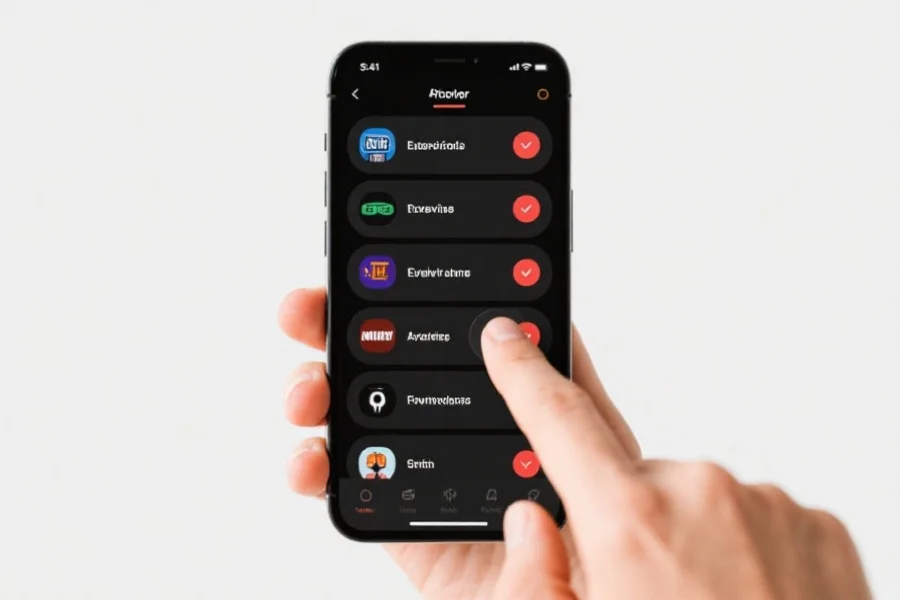 一只手正在智能手机屏幕上操作收藏按钮，界面展示多个娱乐分类标签