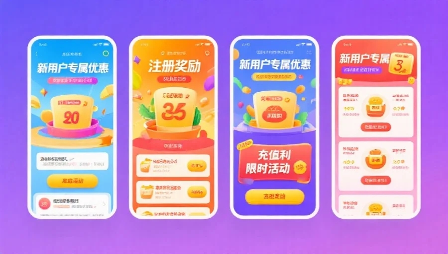 多彩界面展示各类新用户专属优惠，例如注册奖励、充值返利、限时活动等，画面风格活泼有趣