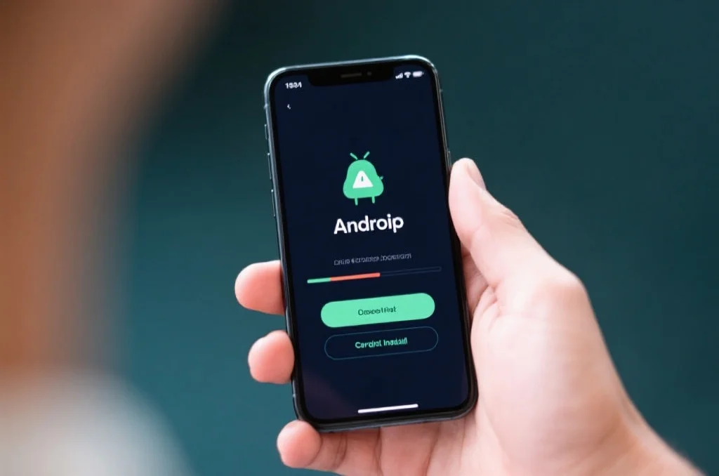 一只手正拿着安卓手机，屏幕上显示应用下载进度条和确认安装界面
